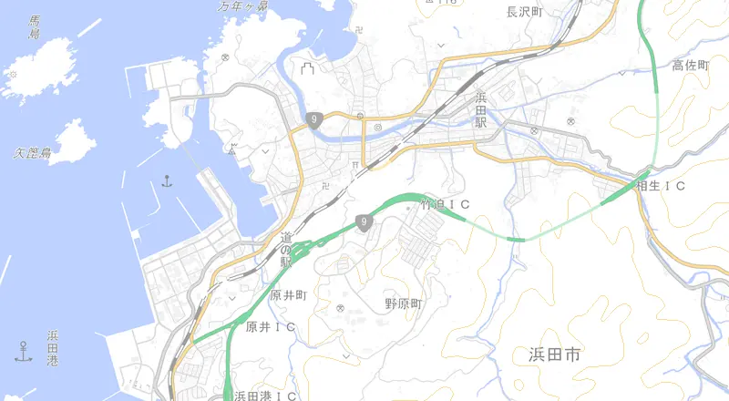 島根県立大学 浜田キャンパス周辺の地図。青いピンが施設の代表位置です。