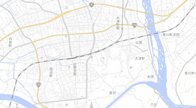 出雲科学館周辺の地図。青いピンが施設の代表位置です。
